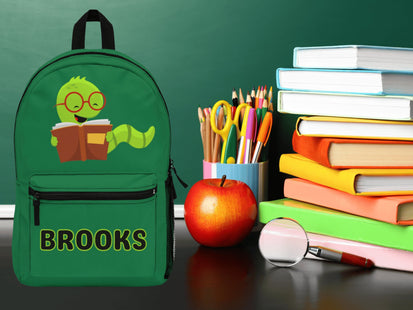 Kids Bookworm School Backpack | Personalized School Bag | Back to School | Dark Green Book Bag
