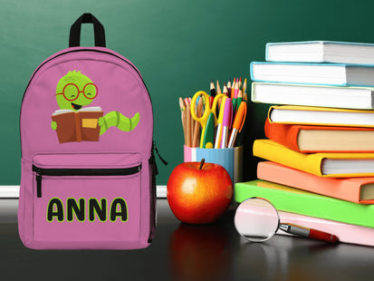 Kids Bookworm School Backpack | Personalized School Bag | Back to School | Pink Book Bag