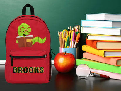 Kids Bookworm School Backpack | Personalized School Bag | Back to School | Red Book Bag