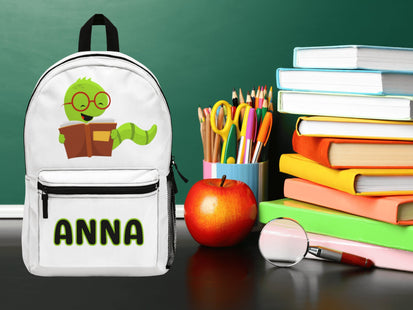 Kids Bookworm School Backpack | Personalized School Bag | Back to School | White Book Bag