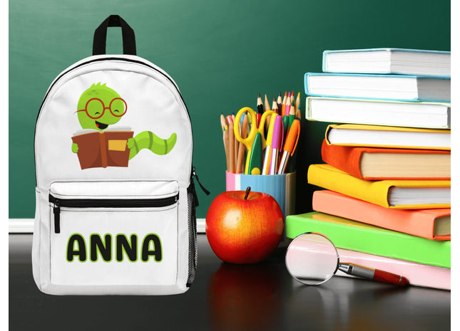 Kids Bookworm School Backpack | Personalized School Bag | Back to School | White Book Bag