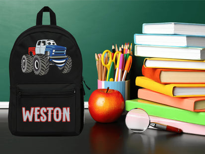 Kids Monster Truck School Backpack | Personalized School Bag | Back to School | Black Book Bag