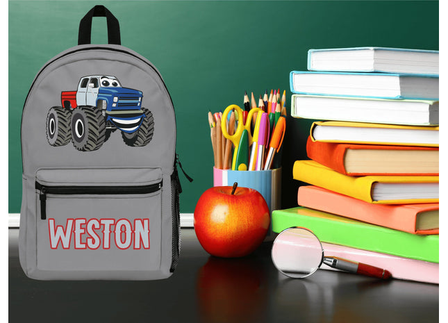 Kids Monster Truck School Backpack | Personalized School Bag | Back to School | Gray Book Bag