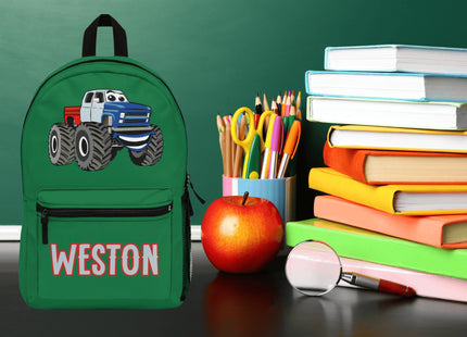 Kids Monster Truck School Backpack | Personalized School Bag | Back to School | Green Book Bag