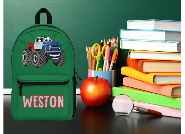 Kids Monster Truck School Backpack | Personalized School Bag | Back to School | Green Book Bag