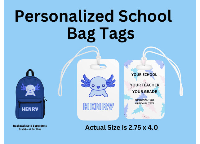 Kids School Backpack Tag | Blue Axolotl Schoolbag Label | Back to School Personalized Label | Personalized Kids Backpack