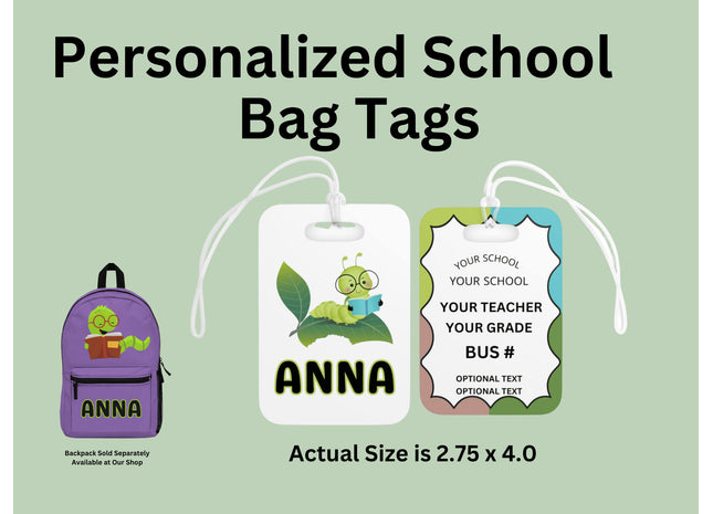 Kids School Backpack Tag | Bookworm Schoolbag Label | Back to School Personalized Label | Personalized Kids Backpack