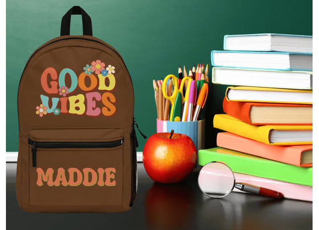 Kids Retro School Backpack | Personalized School Bag | Back to School Backpack | Brown Child Book Bag | Good Vibes Book Bag