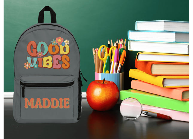 Kids Retro School Backpack | Personalized School Bag | Back to School Backpack | Dark Gray Child Book Bag | Good Vibes Book Bag
