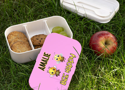 Personalized Bento Box | Bee Happy Bento Lunch Box | Kids School Snack Container | Custom Lunch Box | Pink Child Snack Box