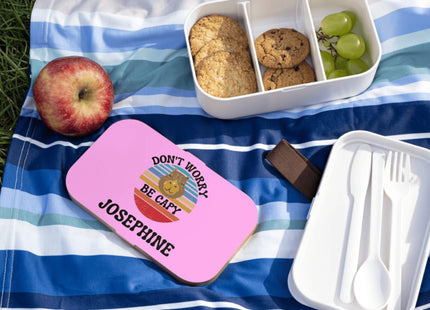 Personalized Bento Box | Don't Worry Be Capy Bento Lunch Box | Kids School Snack Container | Custom Lunch Box | Pink Child Snack Box