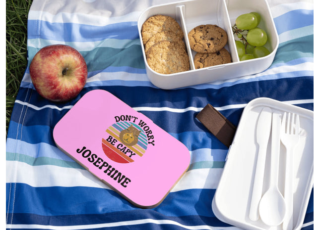 Personalized Bento Box | Don't Worry Be Capy Bento Lunch Box | Kids School Snack Container | Custom Lunch Box | Pink Child Snack Box
