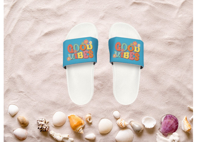 Kids Beach Sandals | Youth Flip Flops | Childrens Slide Sandals | Retro Sandals | Good Vibes Turquoise Shoes