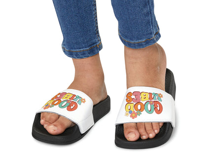 Kids Beach Sandals | Youth Flip Flops | Childrens Slide Sandals | Retro Sandals | Good Vibes White Shoes