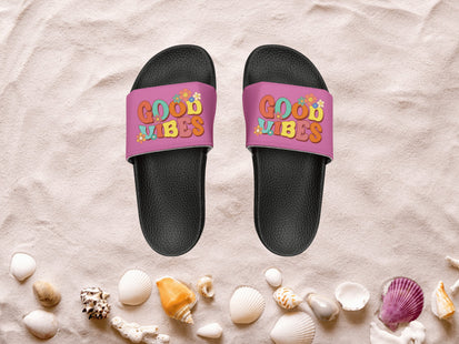 Kids Beach Sandals | Youth Flip Flops | Childrens Slide Sandals | Retro Sandals | Good Vibes Pink Shoes