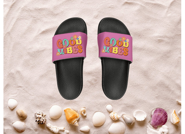 Kids Beach Sandals | Youth Flip Flops | Childrens Slide Sandals | Retro Sandals | Good Vibes Pink Shoes