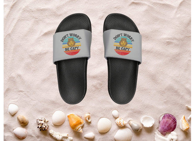 Kids Beach Sandals | Capybara Sandals | Youth Flip Flops | Childrens Slide Sandals | Retro Sandals | Don't Worry Be Capy Gray Shoes