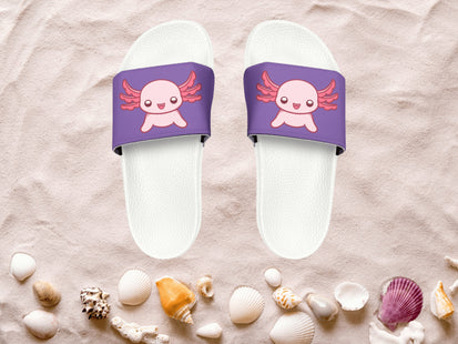 Kids Beach Sandals | Pink Axolotl Sandals | Youth Flip Flops | Childrens Slide Sandals | Purple Animal Sandals