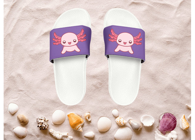Kids Beach Sandals | Pink Axolotl Sandals | Youth Flip Flops | Childrens Slide Sandals | Purple Animal Sandals