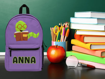 Kids Bookworm School Backpack | Personalized School Bag | Back to School | Purple Book Bag
