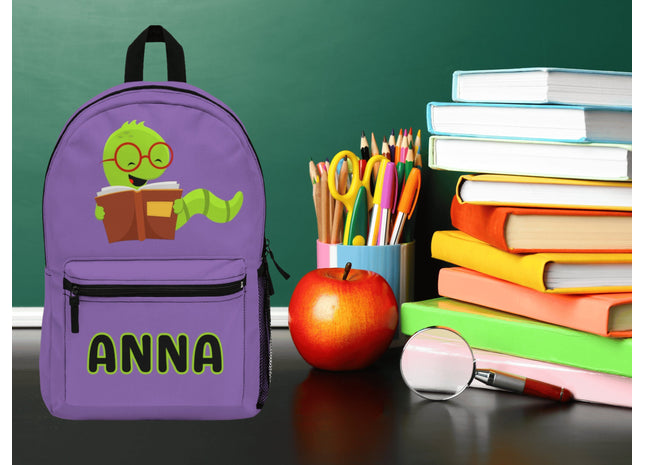 Kids Bookworm School Backpack | Personalized School Bag | Back to School | Purple Book Bag