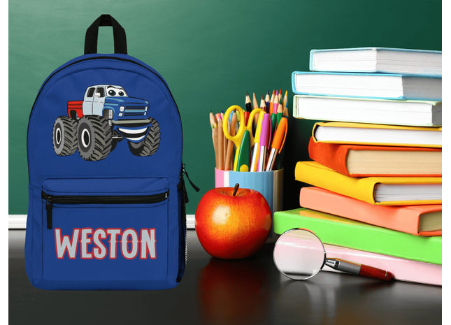 Kids Monster Truck School Backpack | Personalized School Bag | Back to School | Dark Blue Book Bag