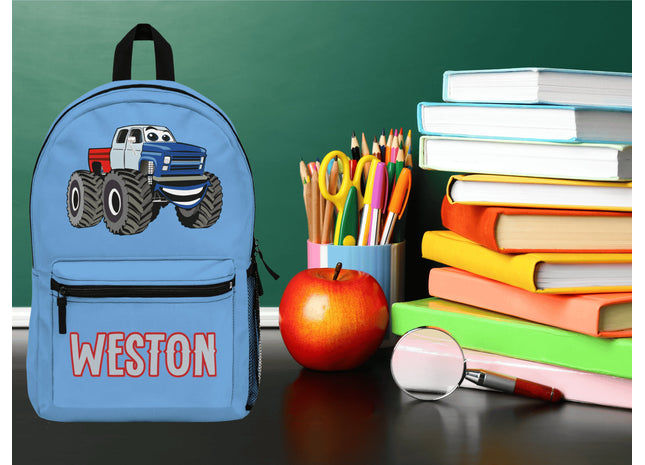 Kids Monster Truck School Backpack | Personalized School Bag | Back to School | Light Blue Book Bag