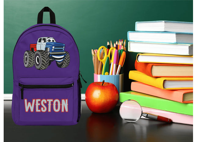 Kids Monster Truck School Backpack | Personalized School Bag | Back to School | Purple Book Bag