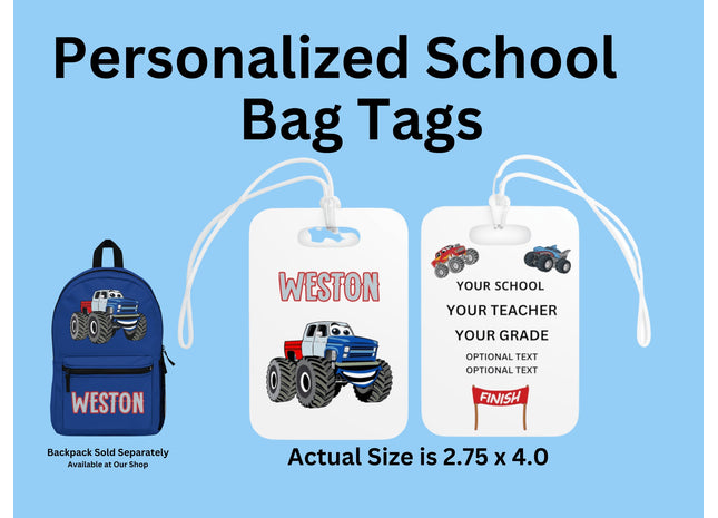 Kids School Backpack Tag | Monster Truck Schoolbag Label | Back to School Personalized Label | Personalized Kids Backpack