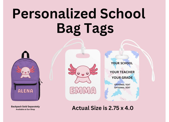 Kids School Backpack Tag | Pink Axolotl Schoolbag Label | Back to School Personalized Label | Personalized Kids Backpack