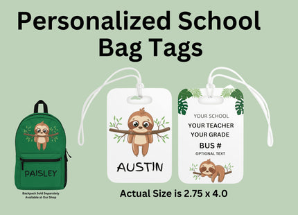 Kids School Backpack Tag | Sloth Schoolbag Label | Back to School Personalized Label | Personalized Kids Backpack