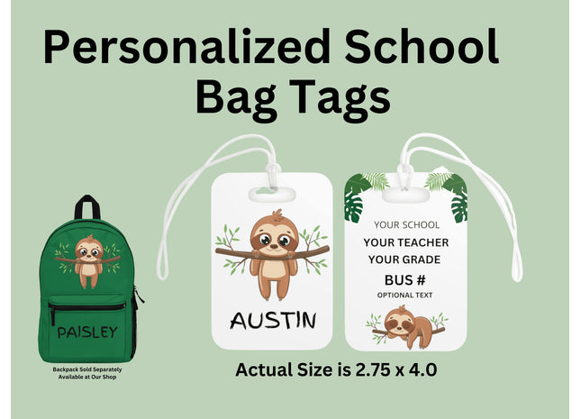 Kids School Backpack Tag | Sloth Schoolbag Label | Back to School Personalized Label | Personalized Kids Backpack