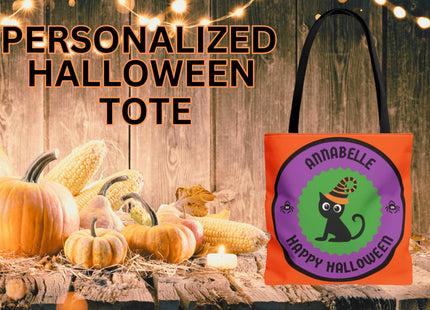 Personalized Halloween Bag | Trick or Treat Bag | Black Cat Tote Bag | Customized Candy Bag