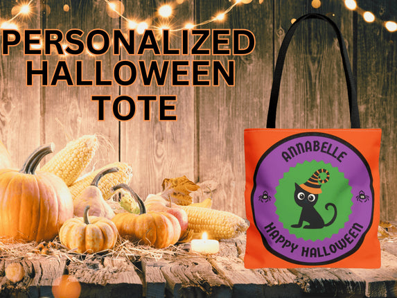 Personalized Halloween Bag | Trick or Treat Bag | Black Cat Tote Bag | Customized Candy Bag