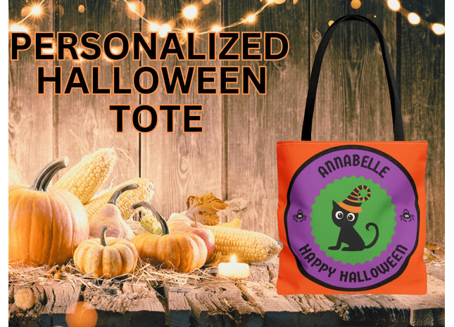 Personalized Halloween Bag | Trick or Treat Bag | Black Cat Tote Bag | Customized Candy Bag