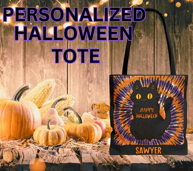 Personalized Halloween Bag | Trick or Treat Bag | Kids Tote Bag | Customized Candy Bag |Trick or Treat Black Cat