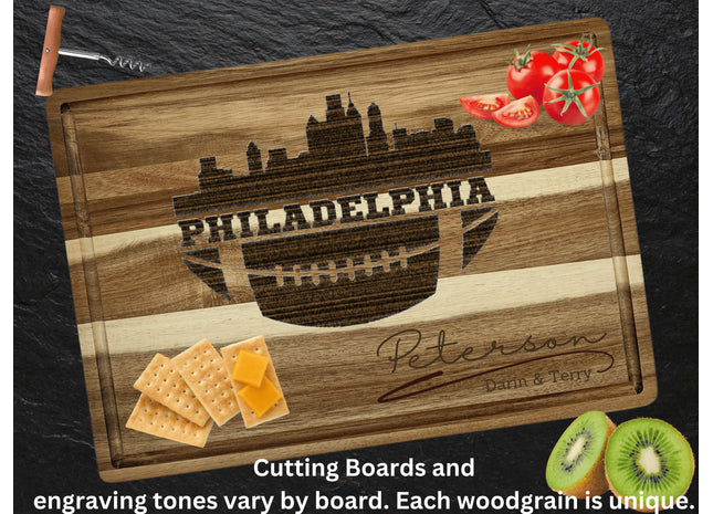 Philadelphia Cutting Board | Personalized Cutting Board | Football Super Bowl | Acacia Wood Charcuterie Board | Custom Cheese Chopping Board
